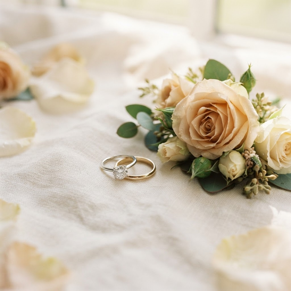 Wedding rings resting on ivory linen